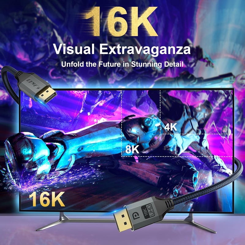 JD DisplayPort 2.1 Cable, VESA Certified, DP2.0 16K@60Hz, 8K@120Hz, 4K@240Hz, 165Hz, 144Hz, 40Gbps, HDR, HDCP, DSC 1.2a, High Speed Copper Braided DisplayPort Cord, 6.6 Feet - Image 2